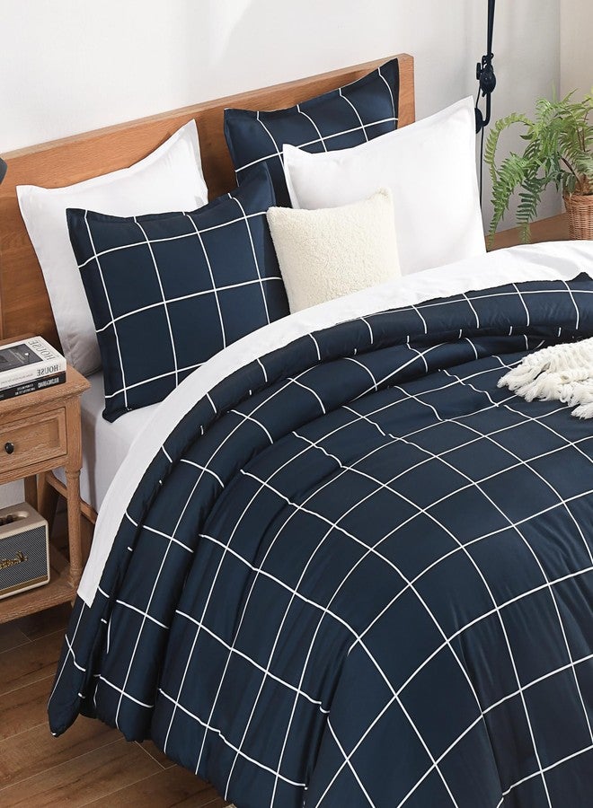Andency Navy Plaid Comforter Full(79x90Inch), Dark Blue Grid Gingham Buffalo Plaid Bed Set for Boys Kids Teens, 3 Pieces Lightweight Microfiber Geometric Preppy Bedding - Image 4