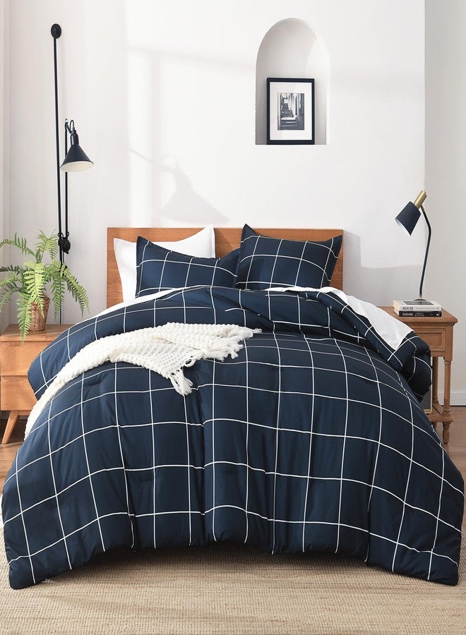 Andency Navy Plaid Comforter Full(79x90Inch), Dark Blue Grid Gingham Buffalo Plaid Bed Set for Boys Kids Teens, 3 Pieces Lightweight Microfiber Geometric Preppy Bedding - Image 1