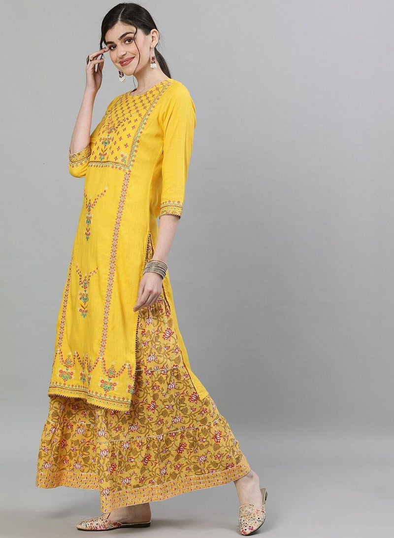ISHIN Women's Yellow Rayon Embroidered Tunic Full Length Casual Straight Fit Kurta Set  - Image 5