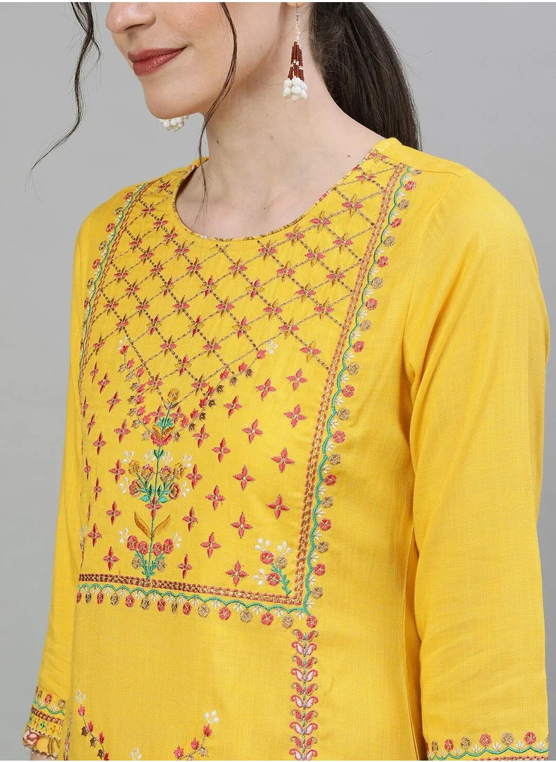 ISHIN Women Yellow Red Embroidered Kurta with Skirt Dupatta