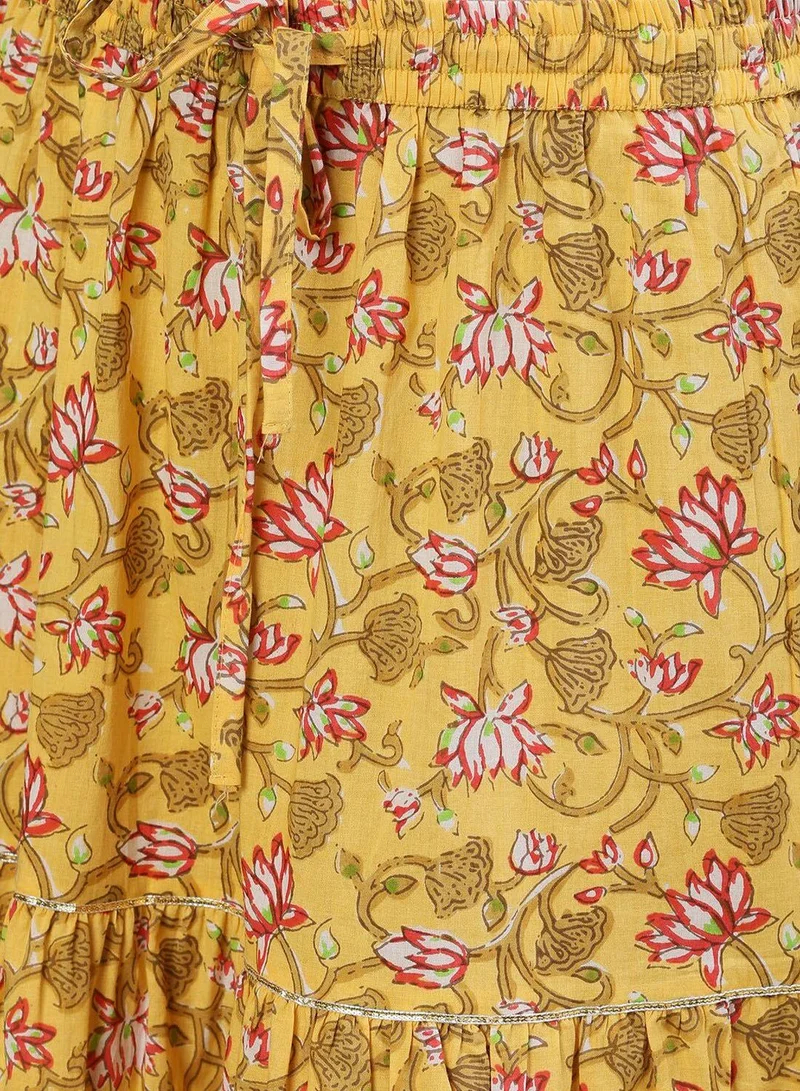ISHIN Women's Yellow Rayon Embroidered Tunic Full Length Casual Straight Fit Kurta Set