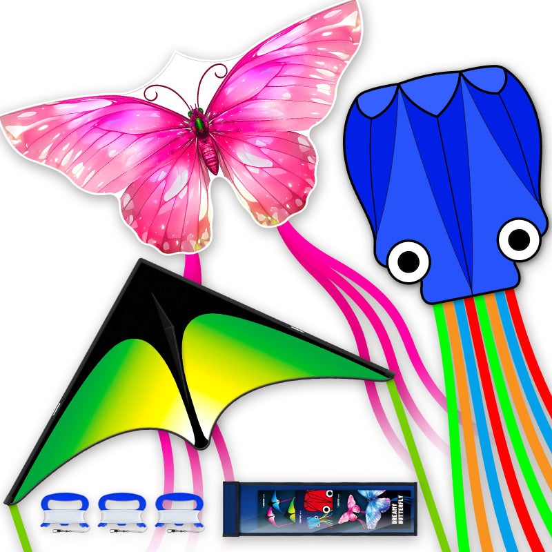 SGftre 3 Piece Set Butterfly Delta and Octopus Kites for Boys and Girls Beach Kites for Family Outdoor Games Activities Gradient Grassland GreenOctopus BluePink Dreamy Butterfly 3 - Image 2