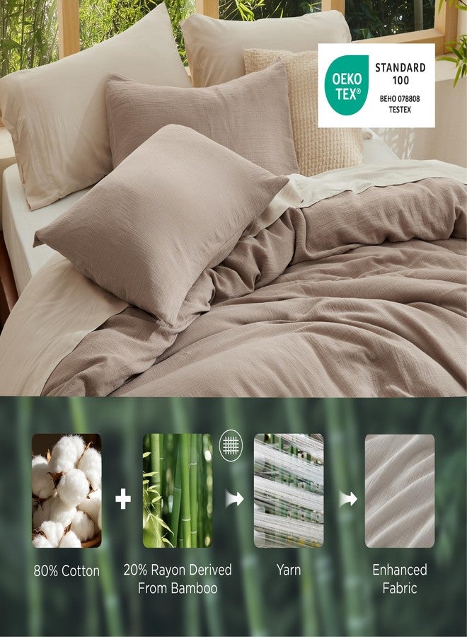 Bedsure Cooling Muslin Cotton Duvet Cover Queen Size - Cotton Blend Rayon Derived from Bamboo Duvet Covet Set for Hot Sleepers - Ultra-Soft & Breathable & Lightweight Bedding Set (Khaki, 90"x90") - Image 3
