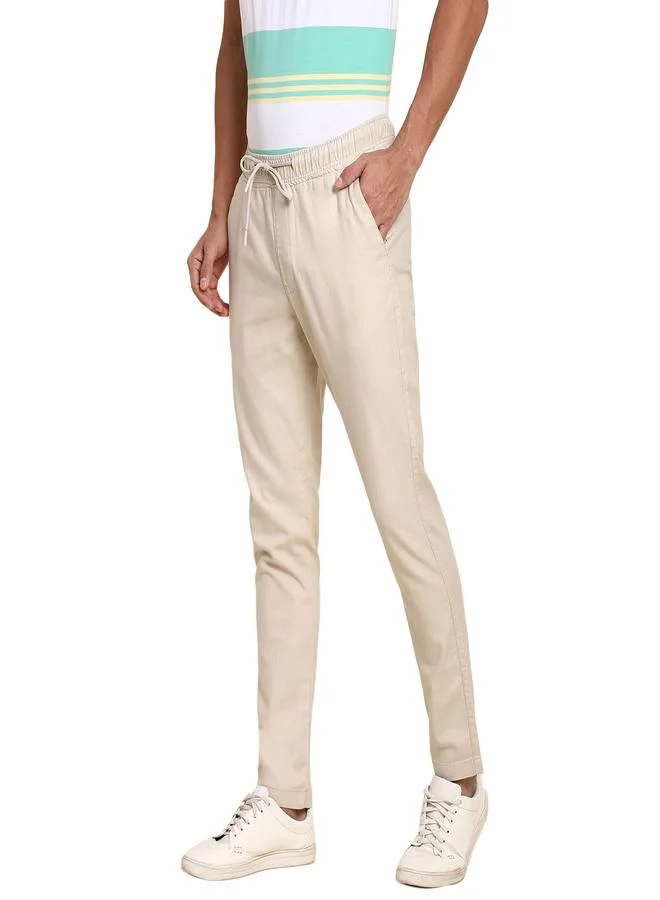 دينيس لينغو Men's Beige Cotton Blend Solid Pattern Full Length Tapered Trouser