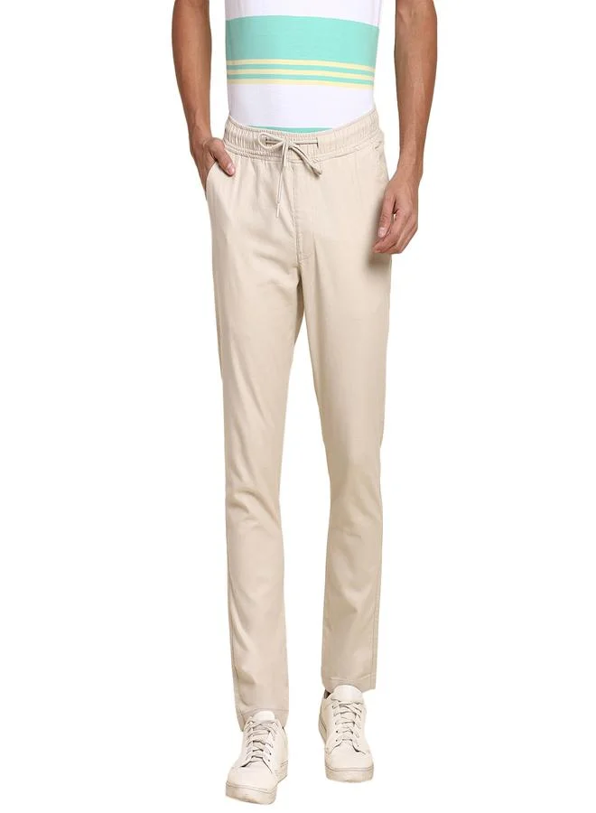 دينيس لينغو Men's Beige Cotton Blend Solid Pattern Full Length Tapered Trouser