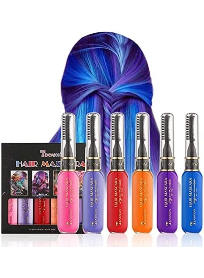 TEAYASON Temporary Hair Mascara Instantly Hair Color Dye Hair Color Chalk Comb Punky Color Washable Hair Dye Mascara for Dark & Light Hair Kids Girls Women Party Birthday Gifts, 6 Pcs - Image 1