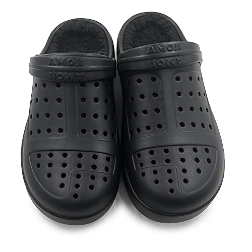 Amoji Winter Fluffy Clog Fur Lining Garden Shoes Warm Furry Indoor Lined House Fuzzy Fleece Slippers D8818 Black 8 Women/6 Men - Image 5
