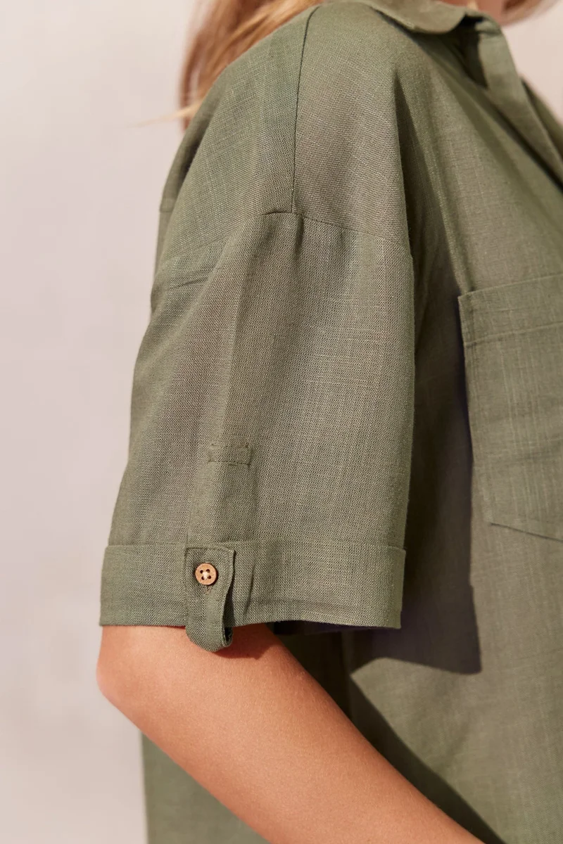 Virgio Olive Solid Linen Collared Shirt With Boxy Fit for Women for Women | Best Price UAE