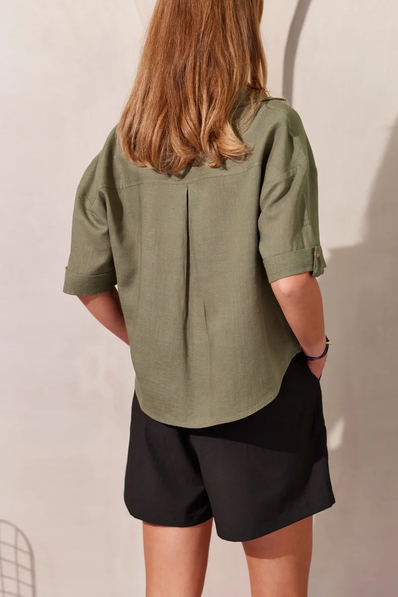 Virgio Olive Solid Linen Collared Shirt With Boxy Fit for Women for Women | Best Price UAE