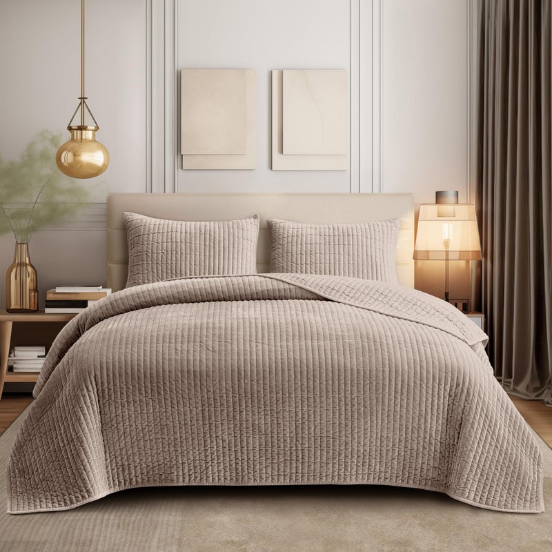 SHALALA Velvet Quilt Queen SizeStriped Bedding SetLightweight Velvet ComforterLuxurious Suede Bedspread and Coverlet with Soft Brushed Microfiber Back for All SeasonLight TaupeFullQueen