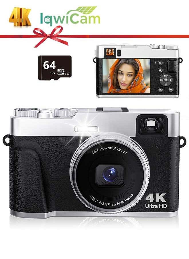 IqwiCam 4K Digital Camera, 48MP Digital Camera for Photography 16X Zoom Camera with 64GB Flash SD Card, Travel Portable Digital Camera with Autofocus Anti-Shake  - Image 1