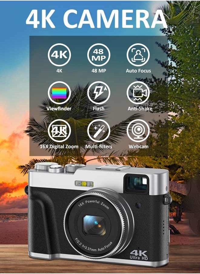 IqwiCam 4K Digital Camera, 48MP Digital Camera for Photography 16X Zoom Camera with 64GB Flash SD Card, Travel Portable Digital Camera with Autofocus Anti-Shake  - Image 3