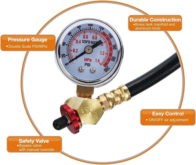 Luocute Air Tanking Repair Kit, Brass Safety Bypass Valve with Aluminum Knob and 0-200 PSI Pressure Gauges, 4ft PVC Hose with Brass Fittings, for RV Trailers and Camping Vehicles - Image 3