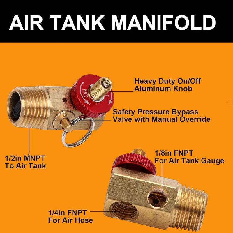 Luocute Air Tanking Repair Kit, Brass Safety Bypass Valve with Aluminum Knob and 0-200 PSI Pressure Gauges, 4ft PVC Hose with Brass Fittings, for RV Trailers and Camping Vehicles - Image 2