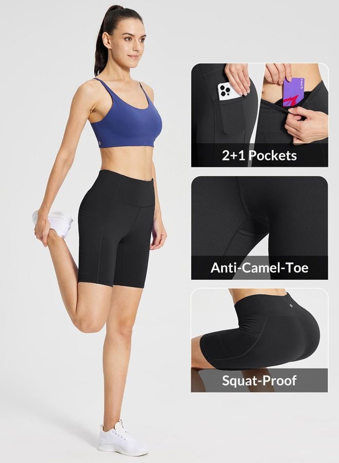 BALEAF Biker Shorts Women Yoga Gym Workout Spandex Running Volleyball Tummy Control Compression Shorts with Pockets 8" Black L - Image 4