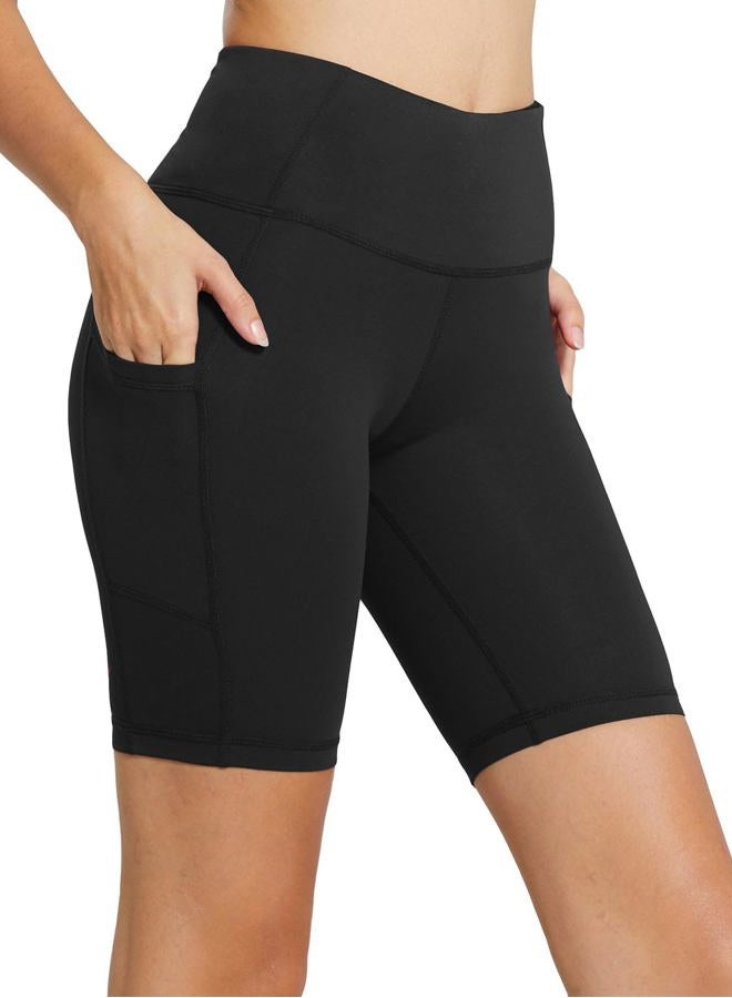 BALEAF Biker Shorts Women Yoga Gym Workout Spandex Running Volleyball Tummy Control Compression Shorts with Pockets 8" Black L - Image 1