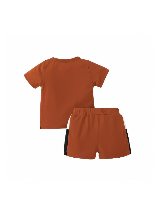MiniMe Two-Piece Clothing Set for Boys |3-6 Months | Brown | Cotton | Stylish Summer Outfit | Casual Wear | Comfortable | Durable | perfect for warm weather | Color-Blocking T-Shirt | Hand wash - Image 2