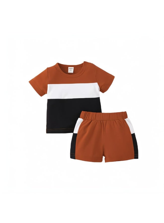 MiniMe Two-Piece Clothing Set for Boys |3-6 Months | Brown | Cotton | Stylish Summer Outfit | Casual Wear | Comfortable | Durable | perfect for warm weather | Color-Blocking T-Shirt | Hand wash - Image 1