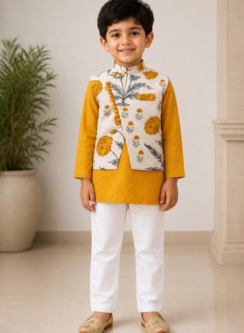 babyqlo Boys Mustard Yellow Kurta, Floral Koti and Pajama Set - Image 2