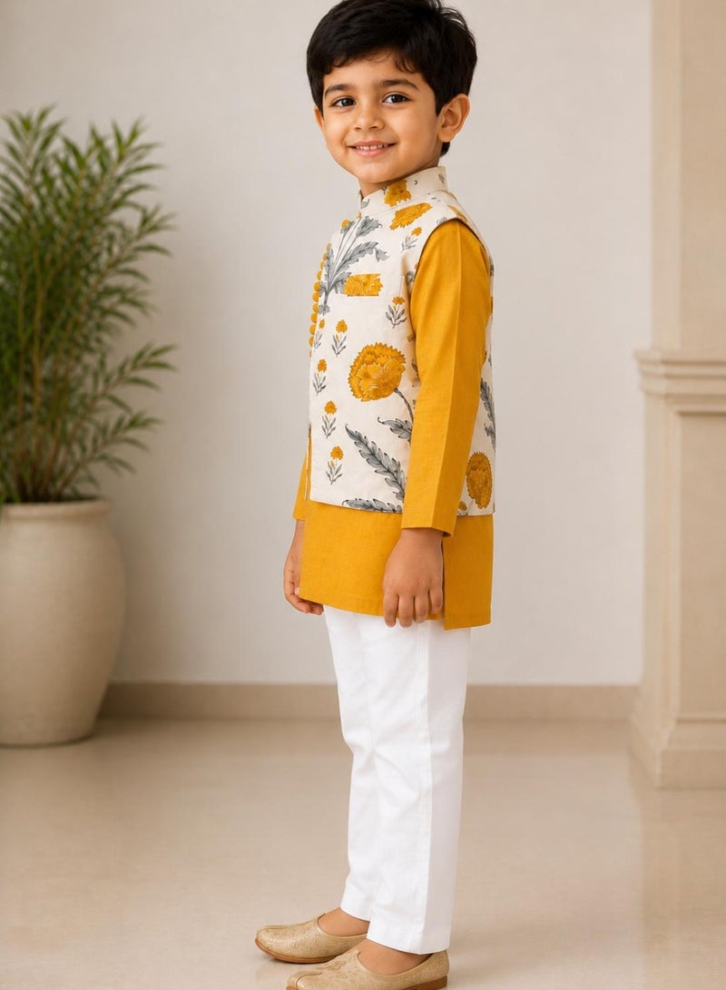 babyqlo Boys Mustard Yellow Kurta, Floral Koti and Pajama Set - Image 4