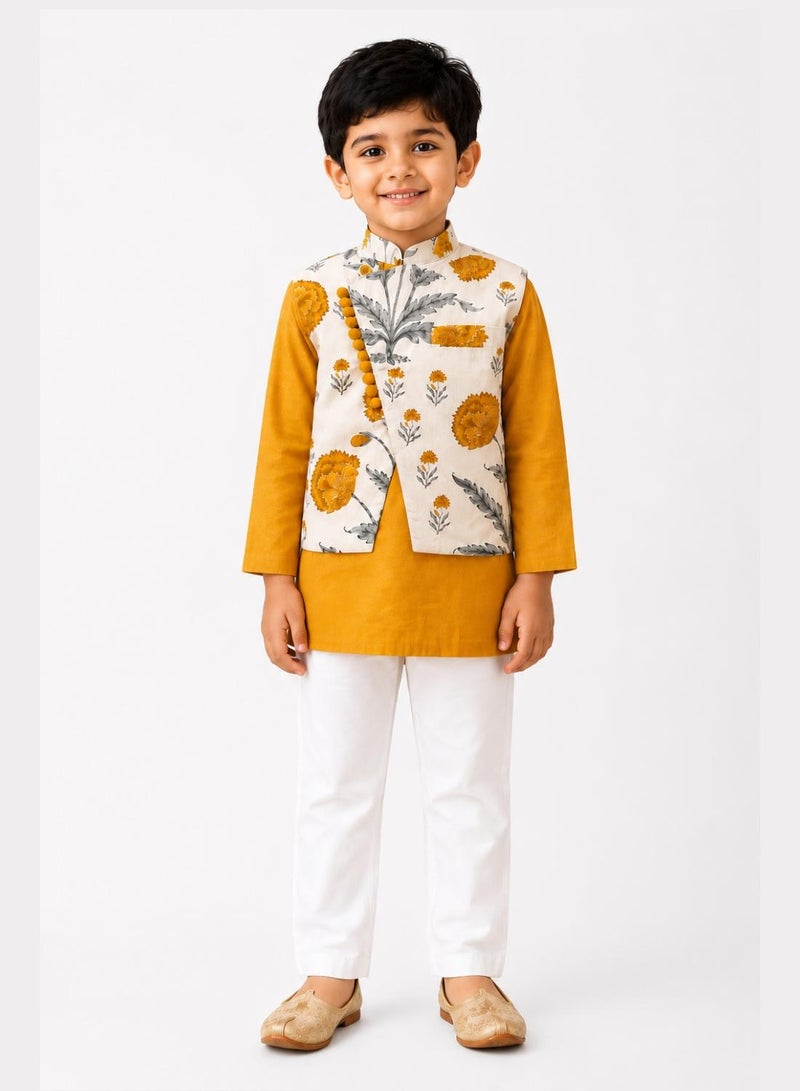 babyqlo Boys Mustard Yellow Kurta, Floral Koti and Pajama Set - Image 1