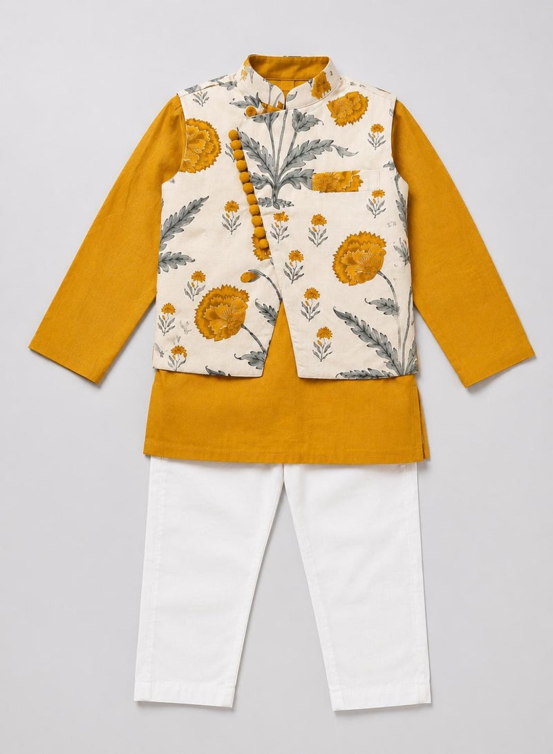 babyqlo Boys Mustard Yellow Kurta, Floral Koti and Pajama Set - Image 5