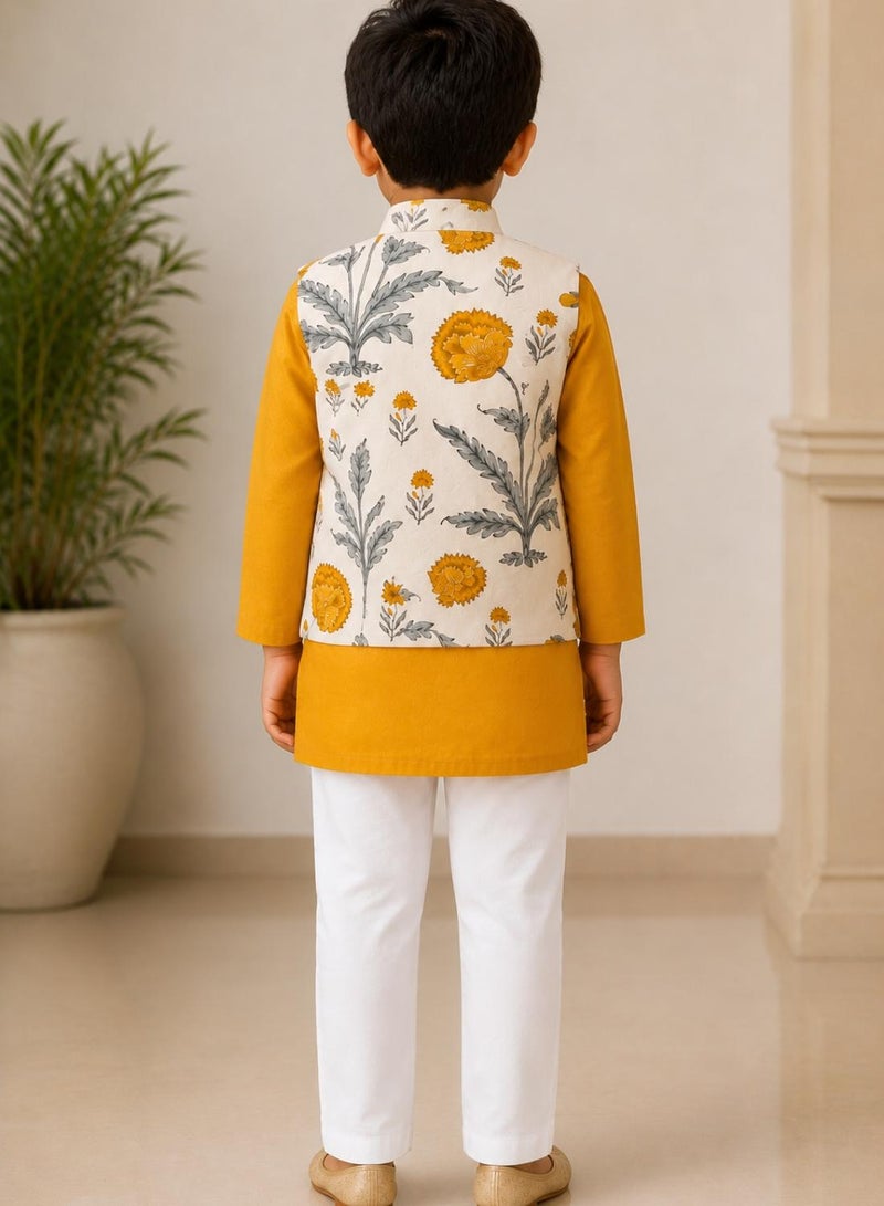 babyqlo Boys Mustard Yellow Kurta, Floral Koti and Pajama Set - Image 3