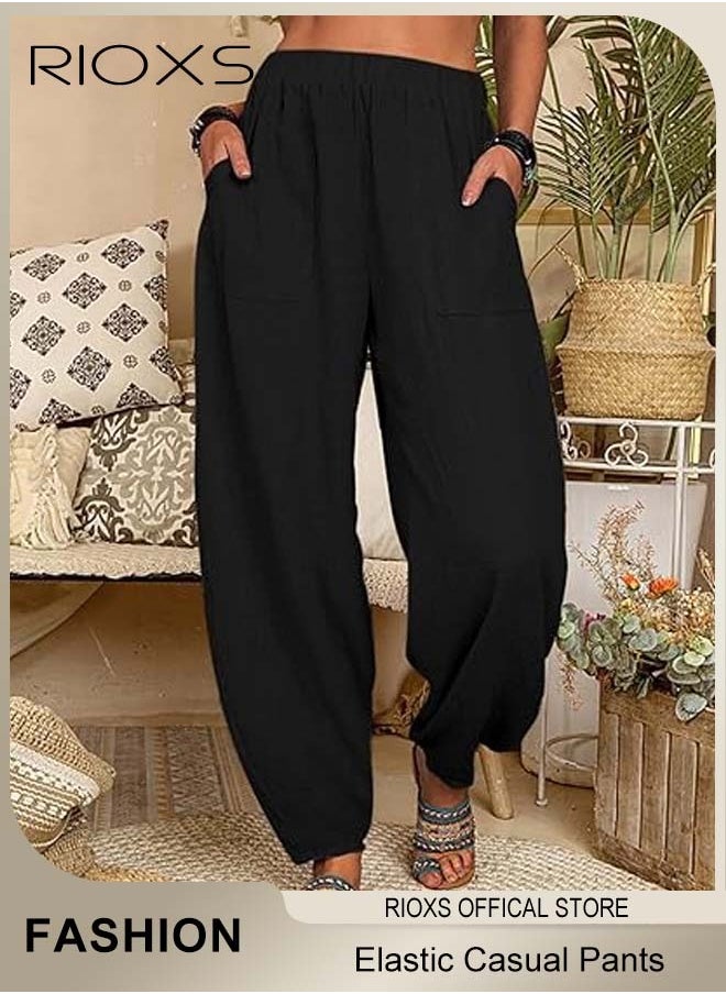 RIOXS - Women Casual Pants, Regular Fit Basic Trousers With Front Pockets, Women's Dual Pockets Cotton Linen Harem Pants, Ladies High Waisted Pants Trousers, Lounge Trousers For Women Work And Daily Wear - Image 1