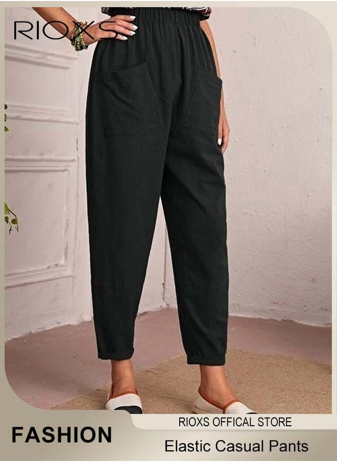 RIOXS - Women Casual Pants, Regular Fit Basic Trousers With Front Pockets, Women's Dual Pockets Cotton Linen Harem Pants, Ladies High Waisted Pants Trousers, Lounge Trousers For Women Work And Daily Wear - Image 1