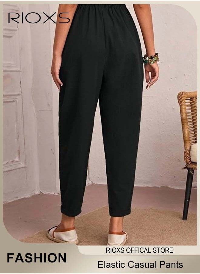 RIOXS - Women Casual Pants, Regular Fit Basic Trousers With Front Pockets, Women's Dual Pockets Cotton Linen Harem Pants, Ladies High Waisted Pants Trousers, Lounge Trousers For Women Work And Daily Wear - Image 1