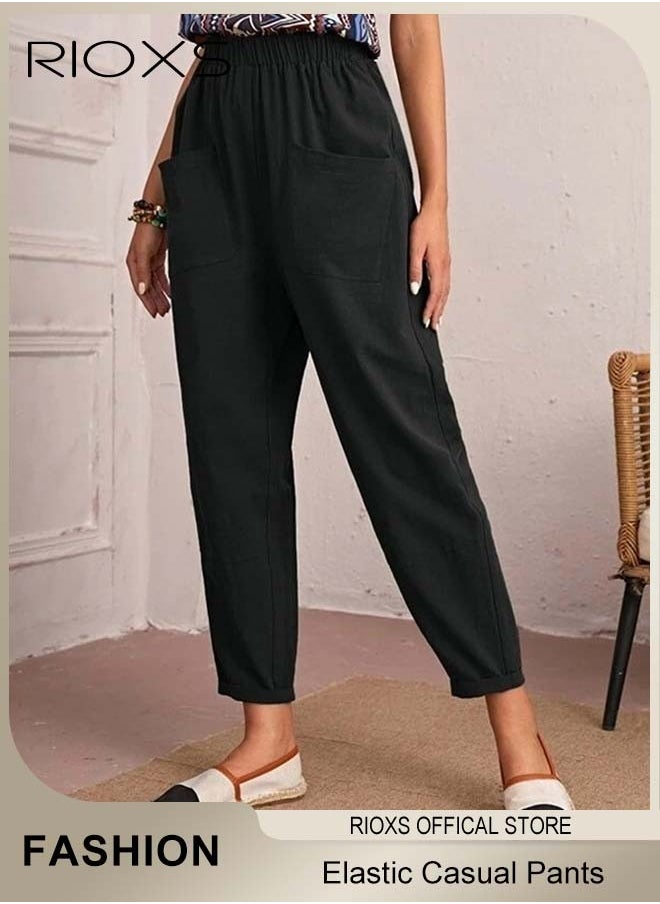 RIOXS - Women Casual Pants, Regular Fit Basic Trousers With Front Pockets, Women's Dual Pockets Cotton Linen Harem Pants, Ladies High Waisted Pants Trousers, Lounge Trousers For Women Work And Daily Wear - Image 1