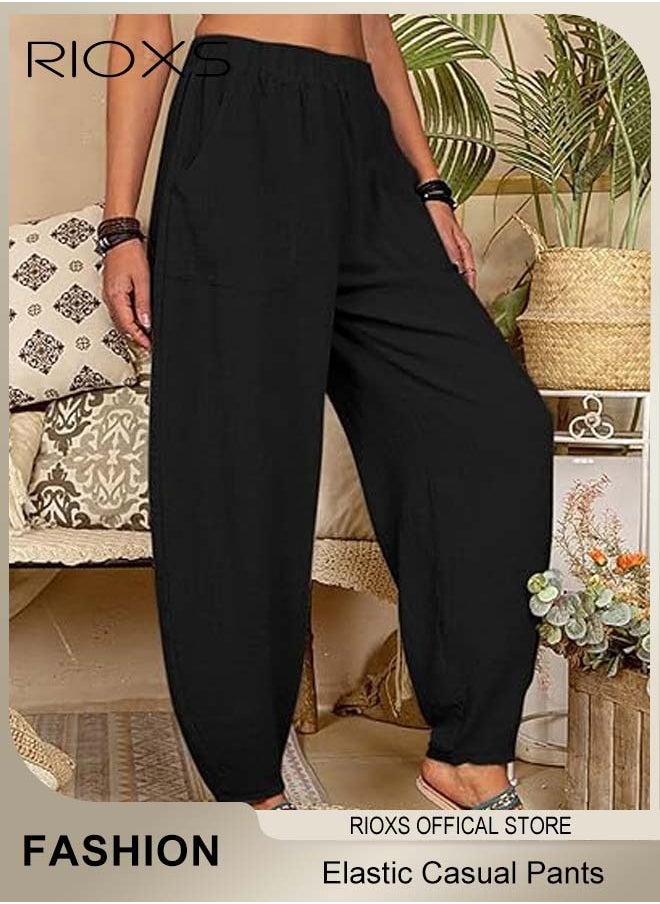 RIOXS - Women Casual Pants, Regular Fit Basic Trousers With Front Pockets, Women's Dual Pockets Cotton Linen Harem Pants, Ladies High Waisted Pants Trousers, Lounge Trousers For Women Work And Daily Wear - Image 1