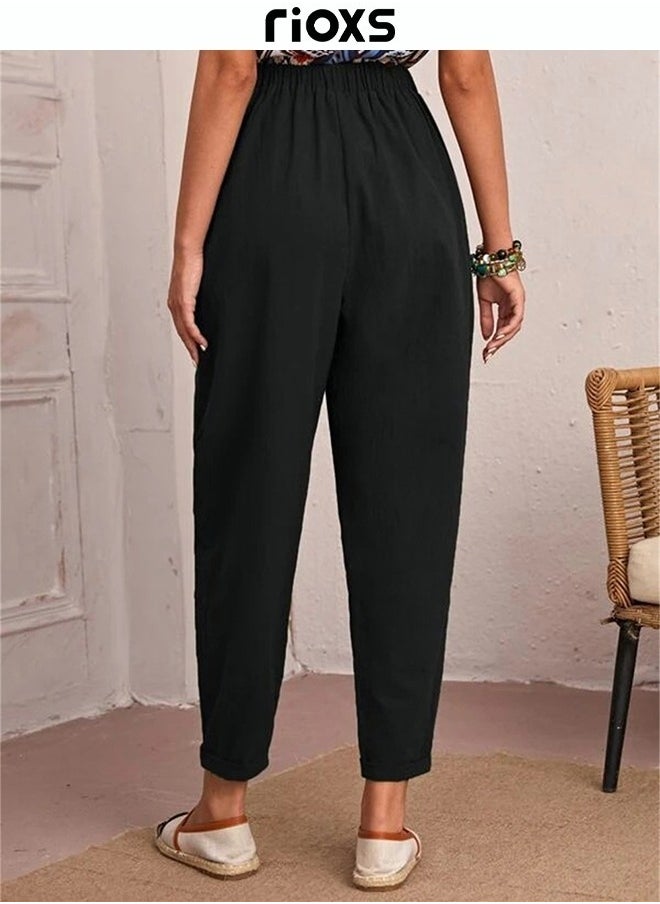 RIOXS - Women Casual Pants, Regular Fit Basic Trousers With Front Pockets, Women's Dual Pockets Cotton Linen Harem Pants, Ladies High Waisted Pants Trousers, Lounge Trousers For Women Work And Daily Wear - Image 1