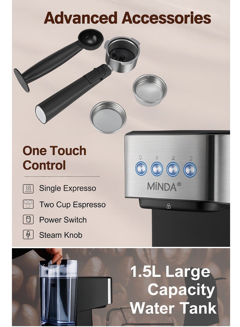 MINDA Espresso Coffee Machine – 20Bar Pressure, Milk Frother, Cappuccino & Latte Maker, Compact Design, Easy Clean, Home Barista Espresso Maker – Silver - Image 3