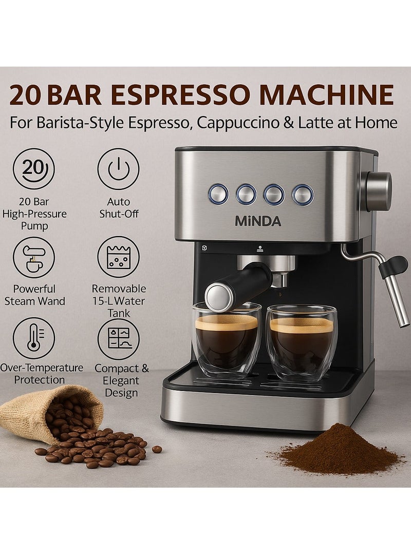 MINDA Espresso Coffee Machine – 20Bar Pressure, Milk Frother, Cappuccino & Latte Maker, Compact Design, Easy Clean, Home Barista Espresso Maker – Silver - Image 2