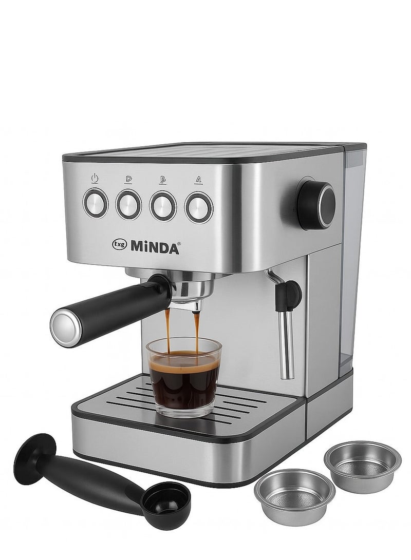 MINDA Espresso Coffee Machine – 20Bar Pressure, Milk Frother, Cappuccino & Latte Maker, Compact Design, Easy Clean, Home Barista Espresso Maker – Silver - Image 1