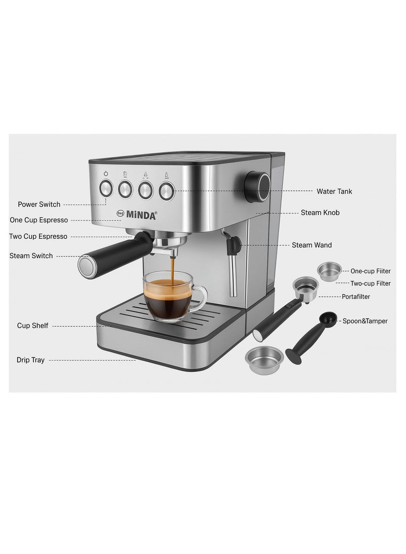 MINDA Espresso Coffee Machine – 20Bar Pressure, Milk Frother, Cappuccino & Latte Maker, Compact Design, Easy Clean, Home Barista Espresso Maker – Silver - Image 5