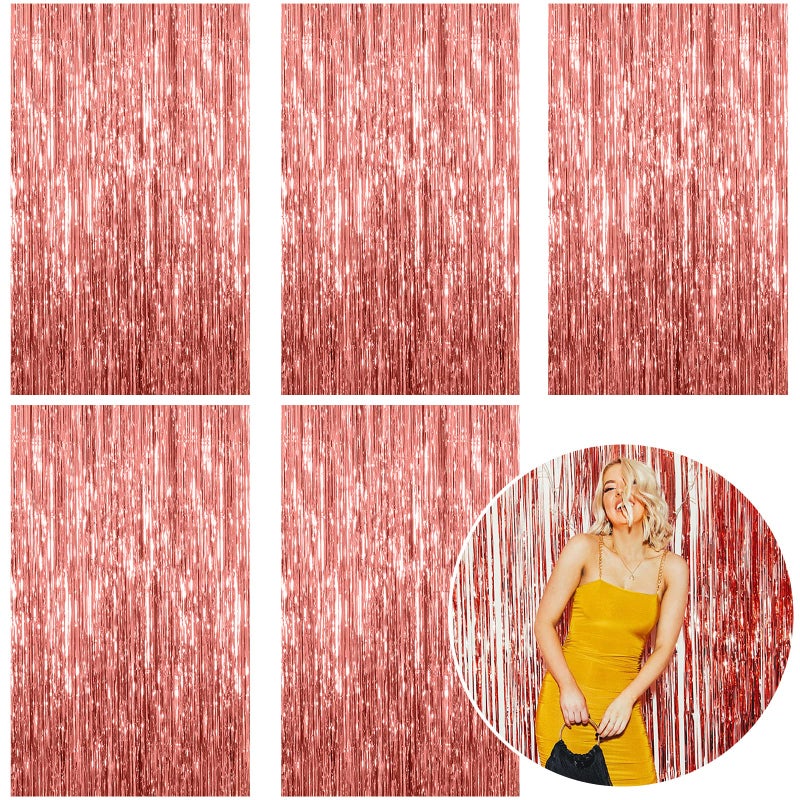 K.E.J. 5 Pack Foil Curtain Backdrop Rose Gold Metallic Tinsel Foil Fringe Curtains Photo Booth Props For Birthday Wedding Engagement Baby Shower Bachelorette Christmas Holiday Celebration Party Decorations - Image 1