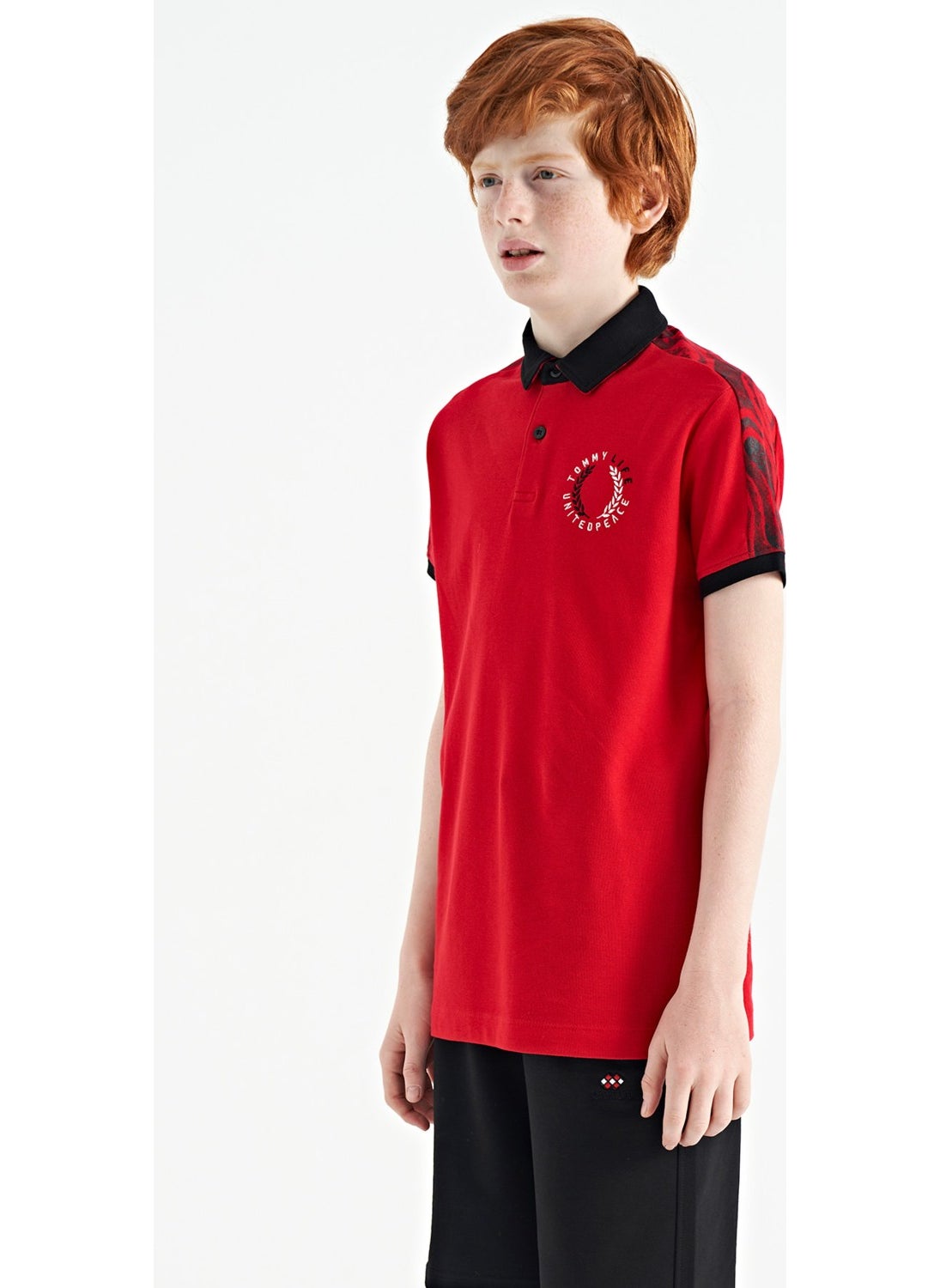 Tommy Life Red Print Detailed Pola Collar Standard Pattern Boys T-Shirt - 11166  - Image 2