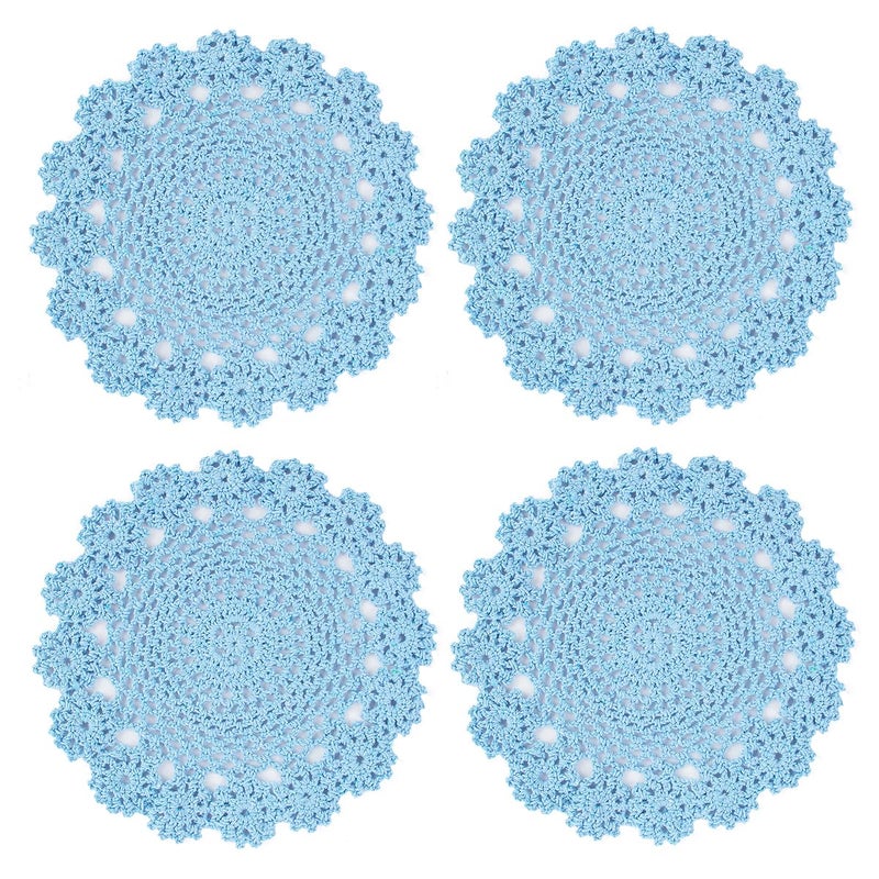 kilofly Crochet Cotton Lace Table Placemats Doilies Pack 4pc Blue 7 inch