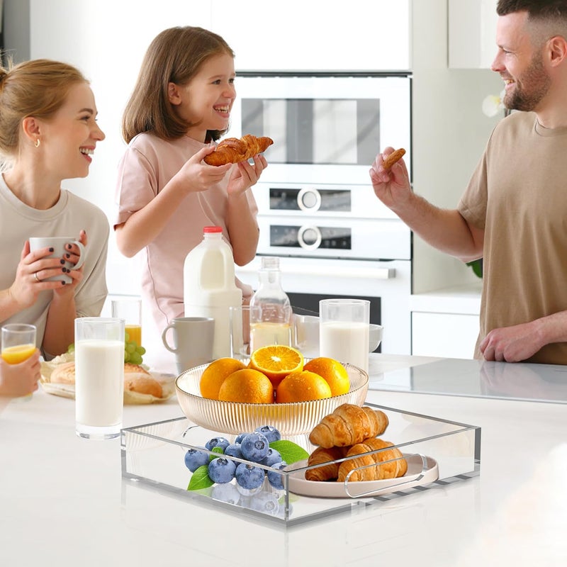 Jusmoo 2 Pack Clear Serving Trays with Handle -11x11x2.4 &10.2x10.2x2.4 Inch Acrylic Tray Set for Kitchen,Bathroom- 6mm Thick Small Stackable Display Organizer, Non Slip - Image 2
