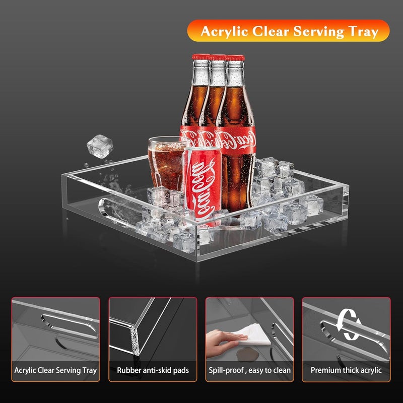 Jusmoo 2 Pack Clear Serving Trays with Handle -11x11x2.4 &10.2x10.2x2.4 Inch Acrylic Tray Set for Kitchen,Bathroom- 6mm Thick Small Stackable Display Organizer, Non Slip - Image 3