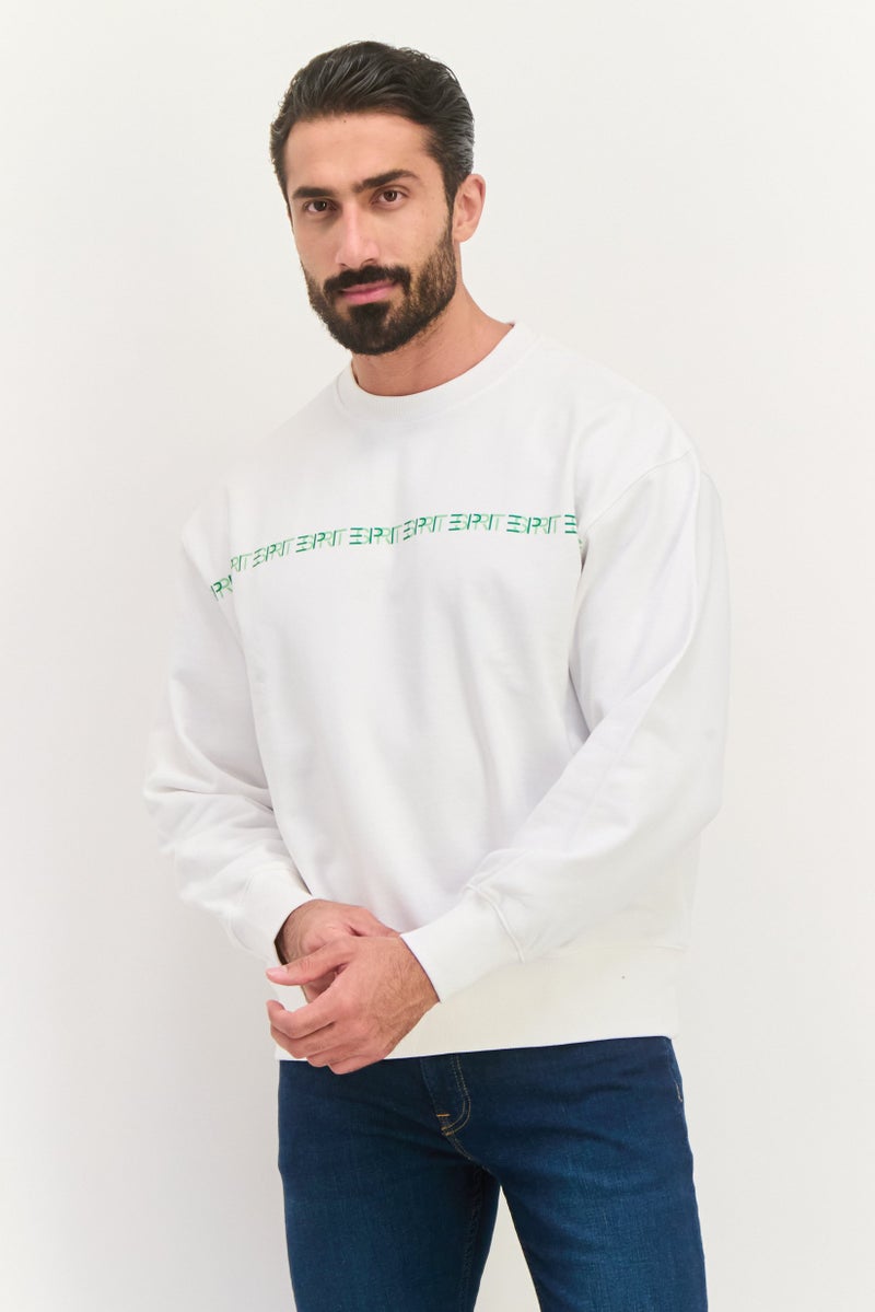 ESPRIT سويت شيرت رجالي بأكمام طويلة بياقة دائرية بشعار العلامة التجارية، أبيض - Image 1