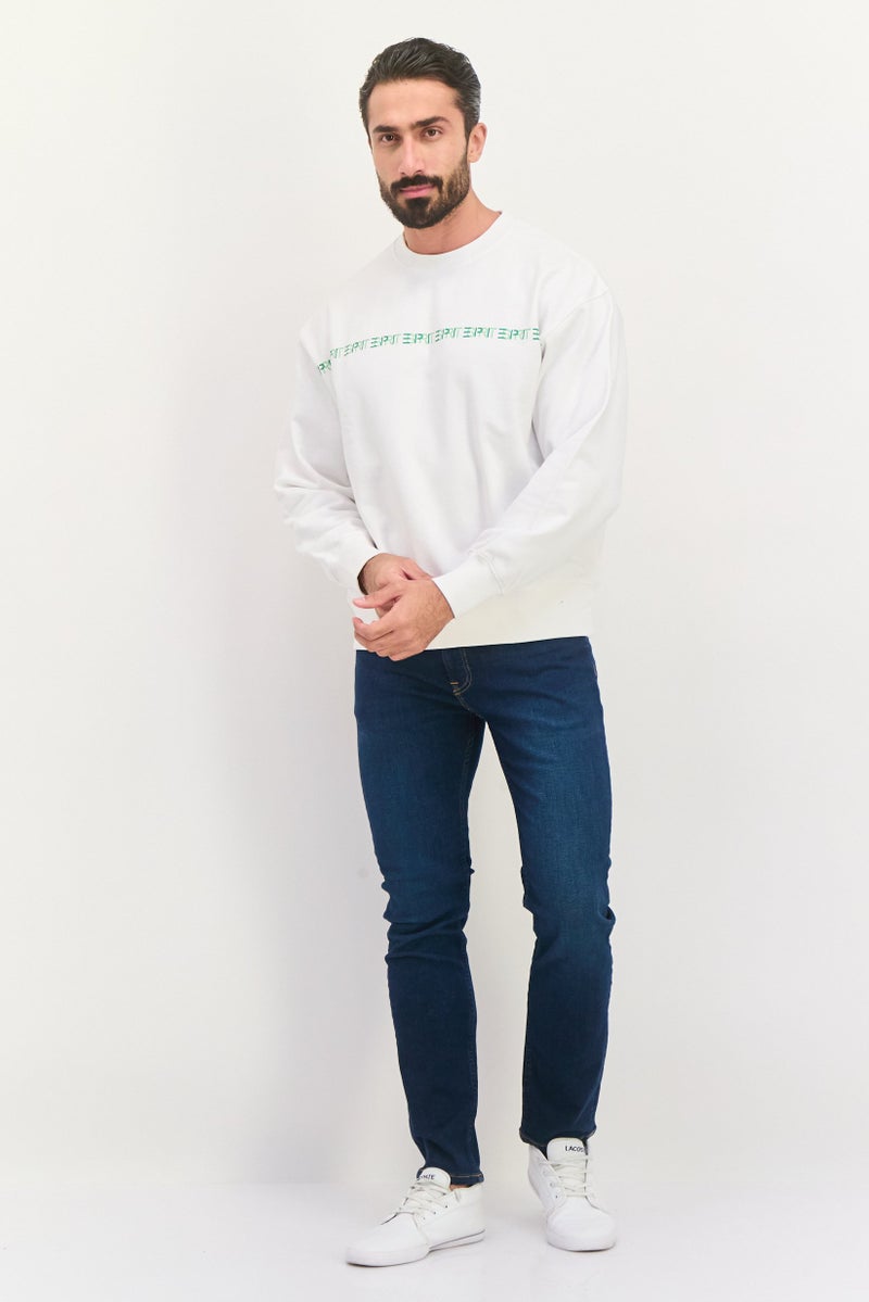 ESPRIT سويت شيرت رجالي بأكمام طويلة بياقة دائرية بشعار العلامة التجارية، أبيض - Image 4