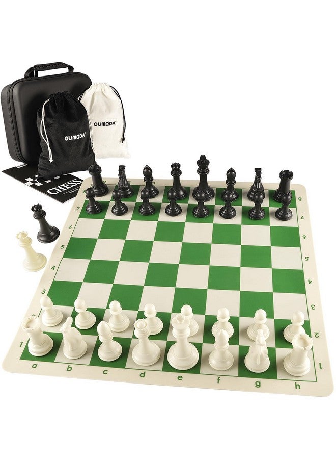 OUMODA 4" King Tournament Chess Set Foldable 20" Silicone Chess Board Mat with 2.2" Squares Green Color, Weighted Chess Pieces- 2 Extra Queens, Carrying Case for Storage and Travel - Image 1