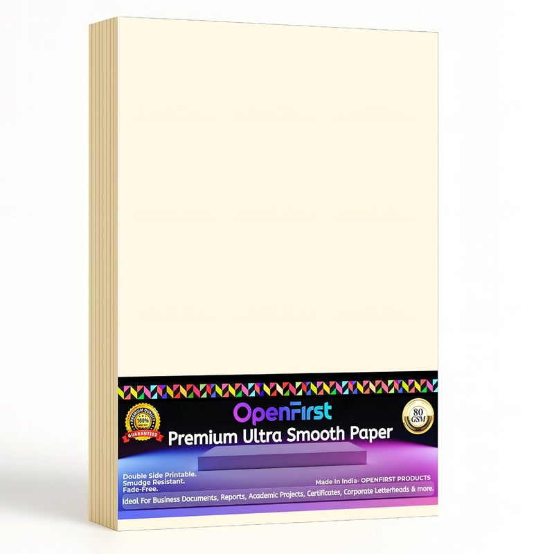 OPENFIRST A4 Premium Royal Cream Paper – 80 GSM Ultra Smooth Finish | Double Side Printable Colored Sheets For Invoicing, Office, Craft, Letterhead & Projects | Pack of 100 Sheets (Royal Cream) - Image 1