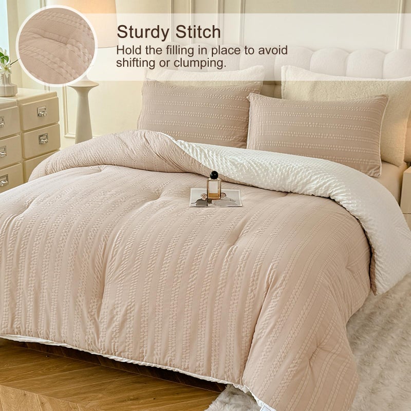 tohrisa Boho Comforter Set Full Size Striped Pleats Bohemian Seersucker Bedding Set All Season Soft Cozy 3 Pieces Quilt with 2 Pillowcases(80"X90" Beige) - Image 2