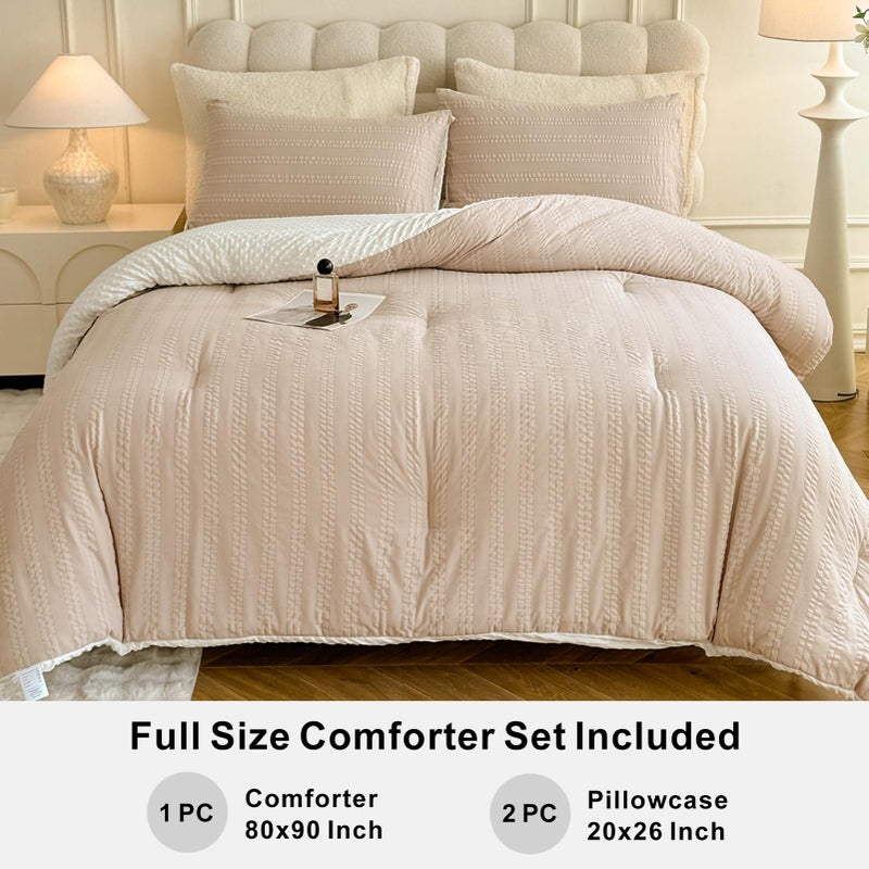 tohrisa Boho Comforter Set Full Size Striped Pleats Bohemian Seersucker Bedding Set All Season Soft Cozy 3 Pieces Quilt with 2 Pillowcases(80"X90" Beige) - Image 5