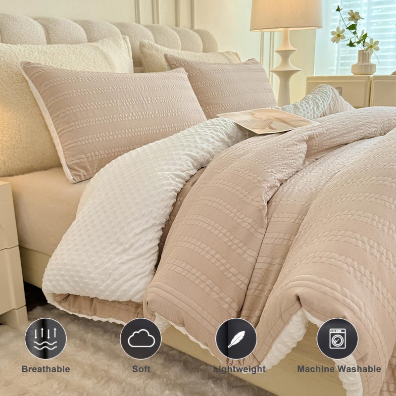 tohrisa Boho Comforter Set Full Size Striped Pleats Bohemian Seersucker Bedding Set All Season Soft Cozy 3 Pieces Quilt with 2 Pillowcases(80"X90" Beige) - Image 4
