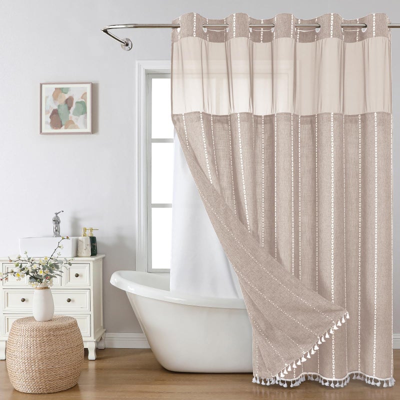 eachope Boho Farmhouse No Hook Shower Curtain Set with Snap-in Fabric Liner,Heavy-Duty Linen Textured Rustic Striped Design,Water-Repellent with Tassels and Sheer Window,Tan/Taupe,71x74 - Image 1